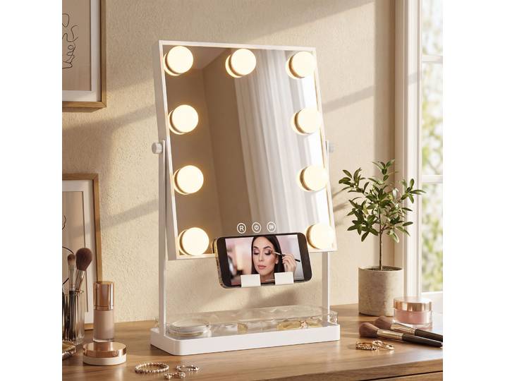 HOMCOM Miroir Hollywood LED 9 Ampoules Blanc avec Support Téléphone