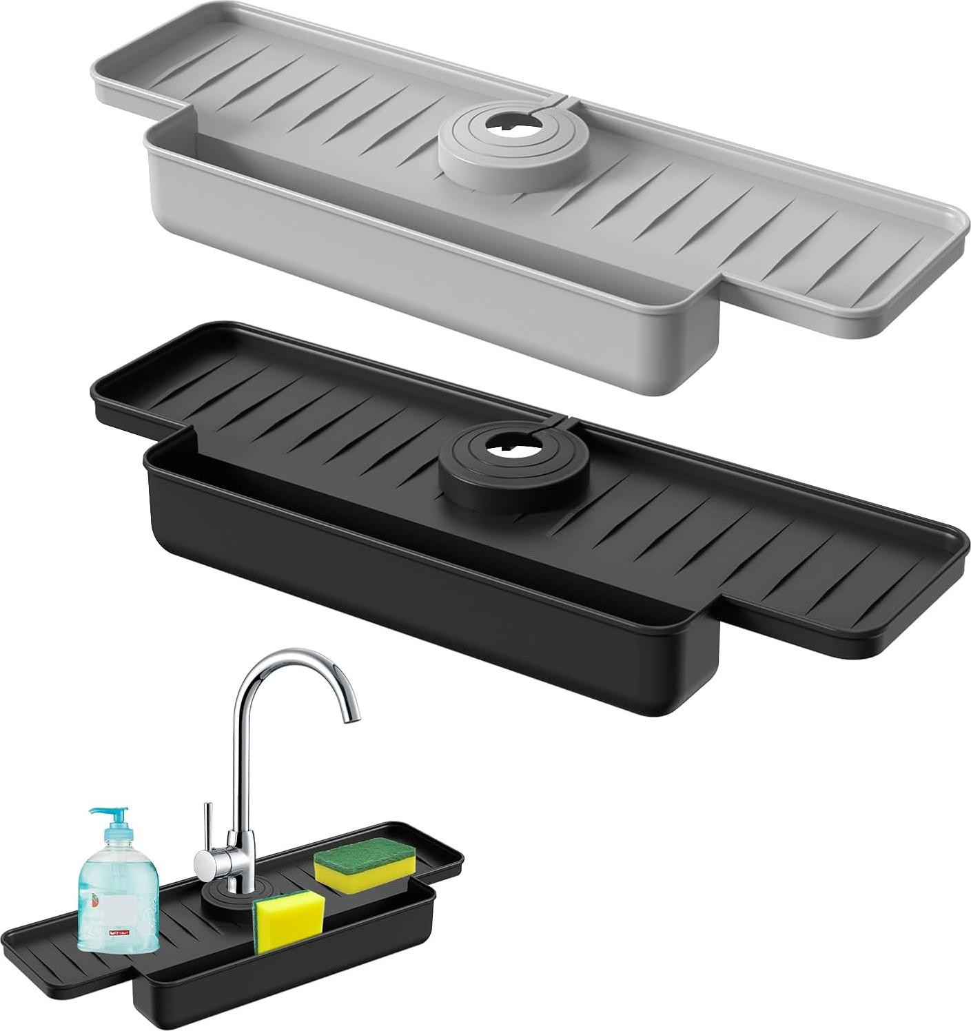 oCreon Spatbescherming Aanrecht Kraanmat Set - 2 Stuks - Zwart Grijs