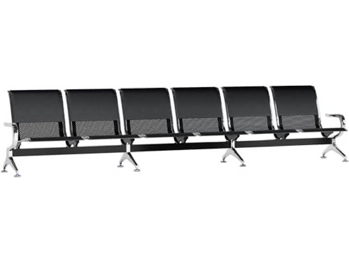 CLP 6er Wartebank Airport mit Kunstlederbezug, Sitzbank für 6 Personen mit Metallgestell in Chrom-Optik, mit Rückenlehne, Farbe:schwarz/schwarz