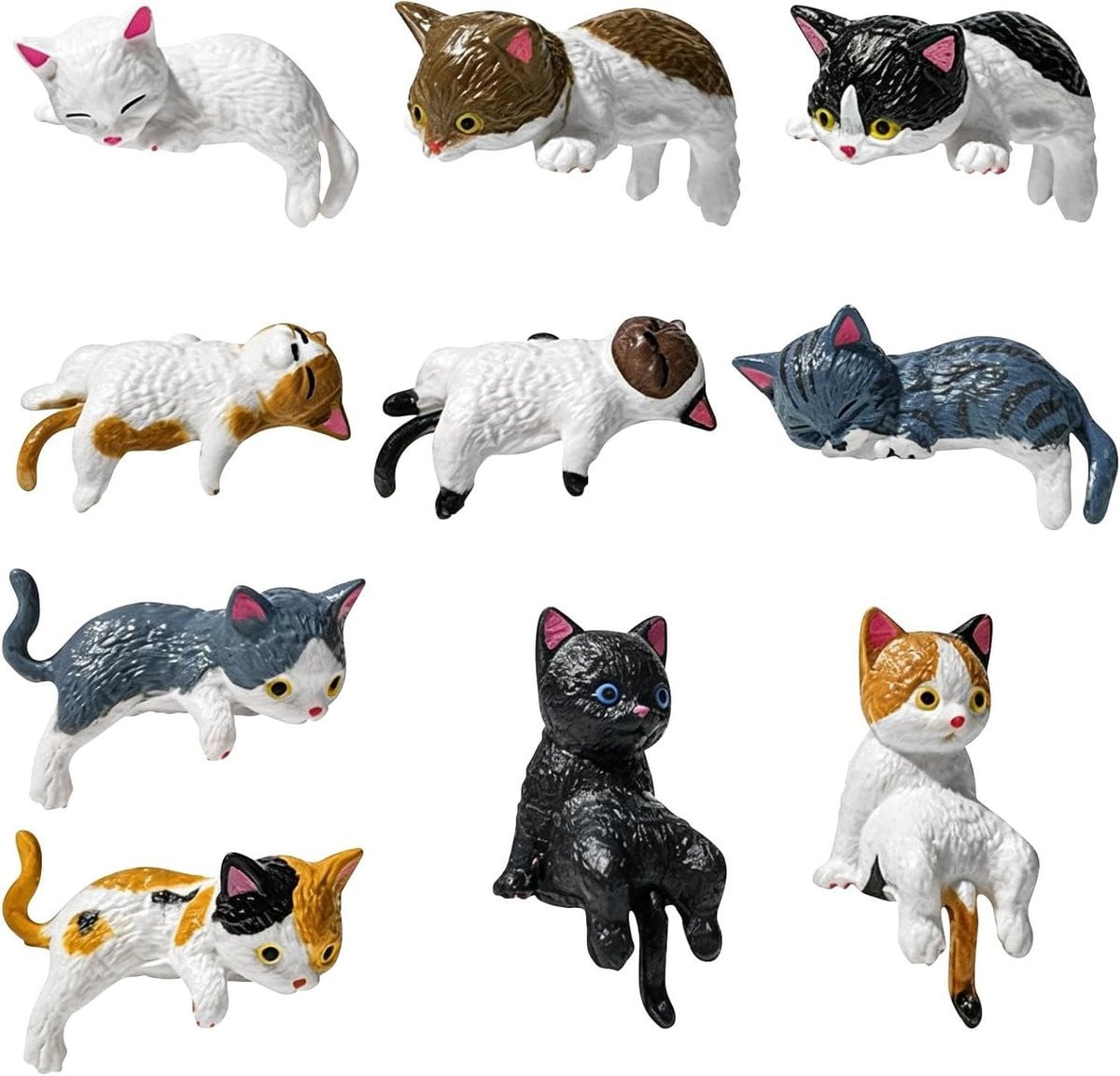Set van 10 mini kattenbeeldjes voor decoratie, 2-3 cm, gemengde kleuren