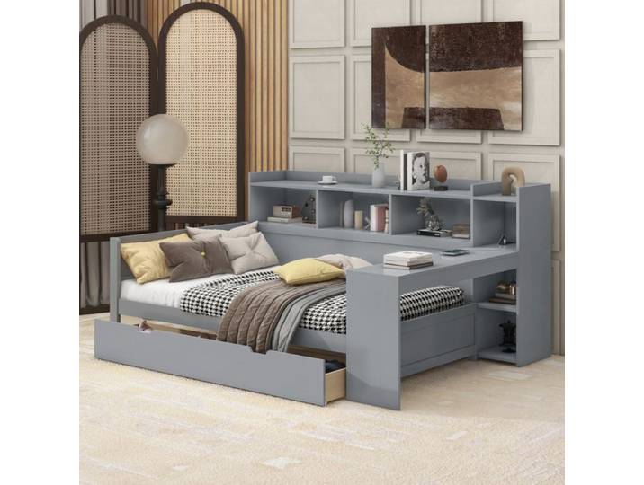 Lit combiné - ZEVKOR - Lit Combiné Enfant 90×200 cm - Bureau intégré - 2 tiroirs - Sommier à lattes