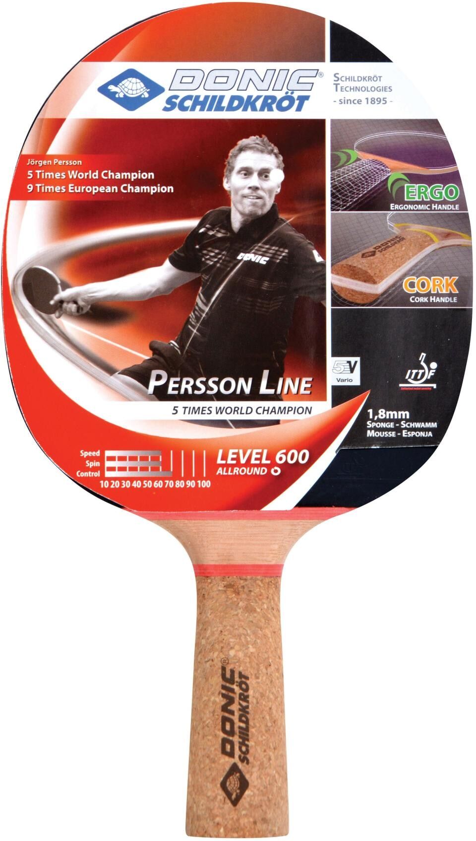 Tischtennisschläger DONIC-SCHILDKRÖT "Persson 600", rot (schwarz, rot, holzfarben), Tischtennisschläger, Tischtennisschläger schwarz, rot, holzfarben Einheitsgröße