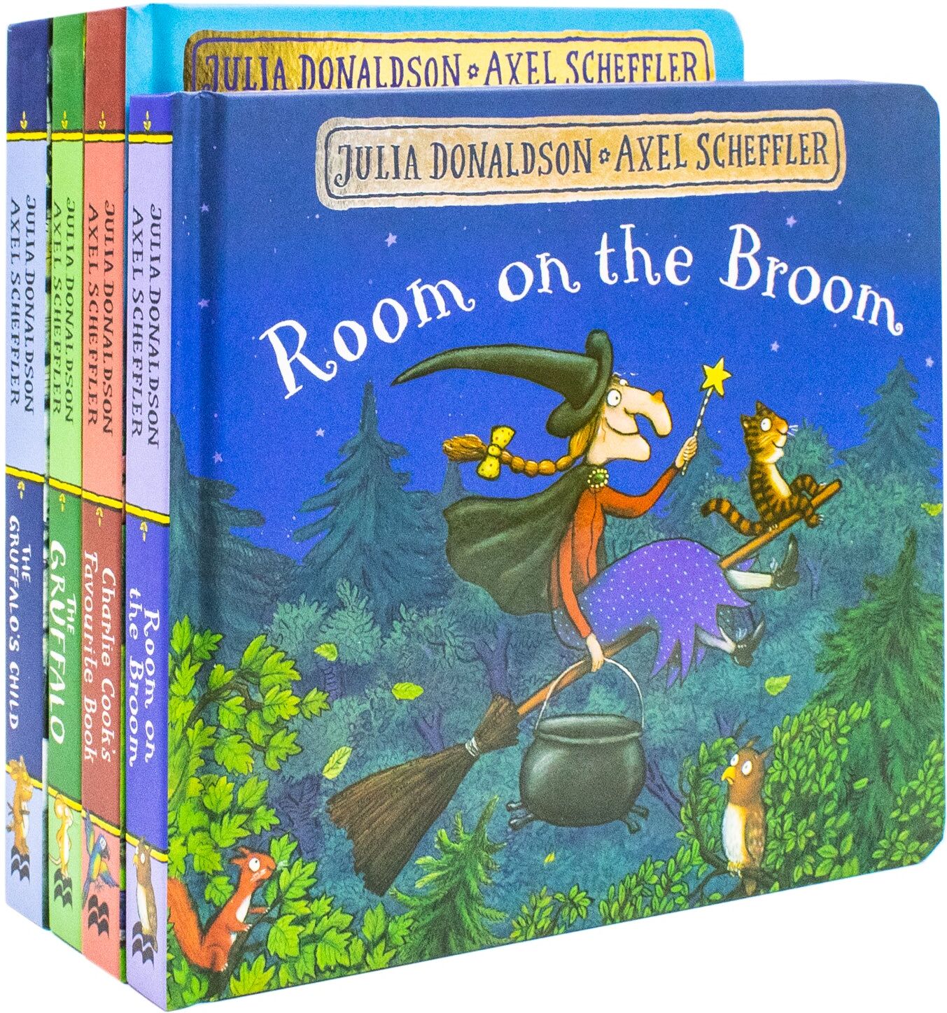Macmillan Julia Donaldson and Axel Scheffler 4 Board Books Collection Set (Charlie Cook's Favourite Book, The Gruffalo, The Gruffalo's Child, Room on the Broom)