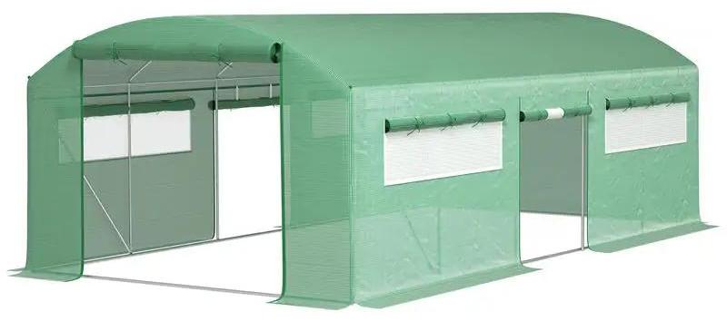 Tunnel-Gewächshaus - Folientunnel 6x3x2 m - 3 Rolltüren - 6 Fenster - Verzinkter Stahlrahmen - PE-Folie - Armeegrün