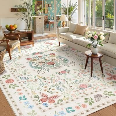 Garvee Tiger Head Floral Washable Low Pile Non-Slip Area Rug