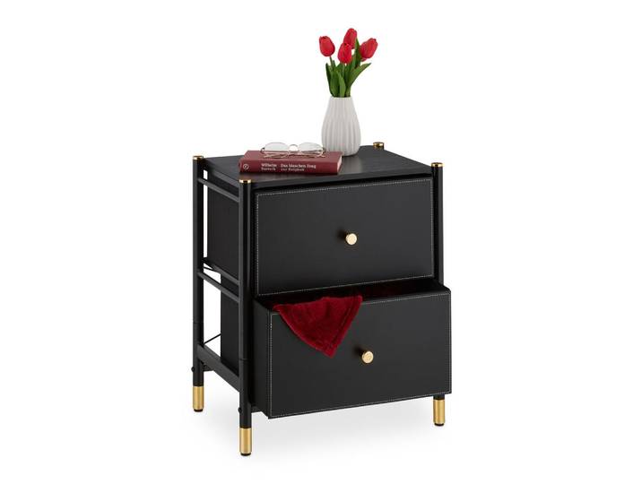 Relaxdays Beistellschrank Schwarz Gold 2-Schubladen, Metall, Kunststoff, Rechteckig, 46x55.5x33 cm, Schlafzimmer, Nachtkästchen