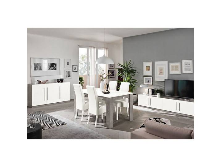 CLARK - Ensemble Salon Séjour Blanc et Marbre Meuble TV + Buffet + Table 190cm