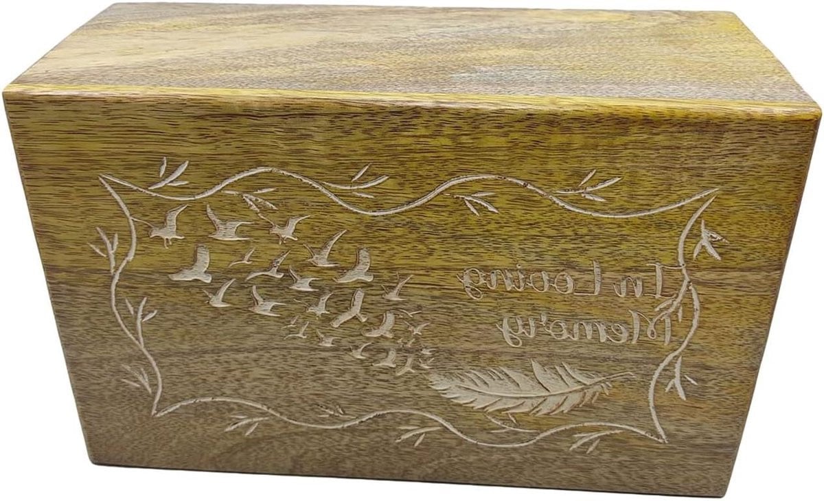 Handgemaakte houten crematie-urn met gegraveerd vliegende vogels ontwerp voor volwassenen