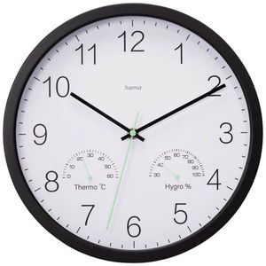 Hama Wanduhr Santorini, Kunststoff, analog, Quarzuhr, Ø 30 cm, schwarz, mit Thermometer & Hygrometer, lautlos