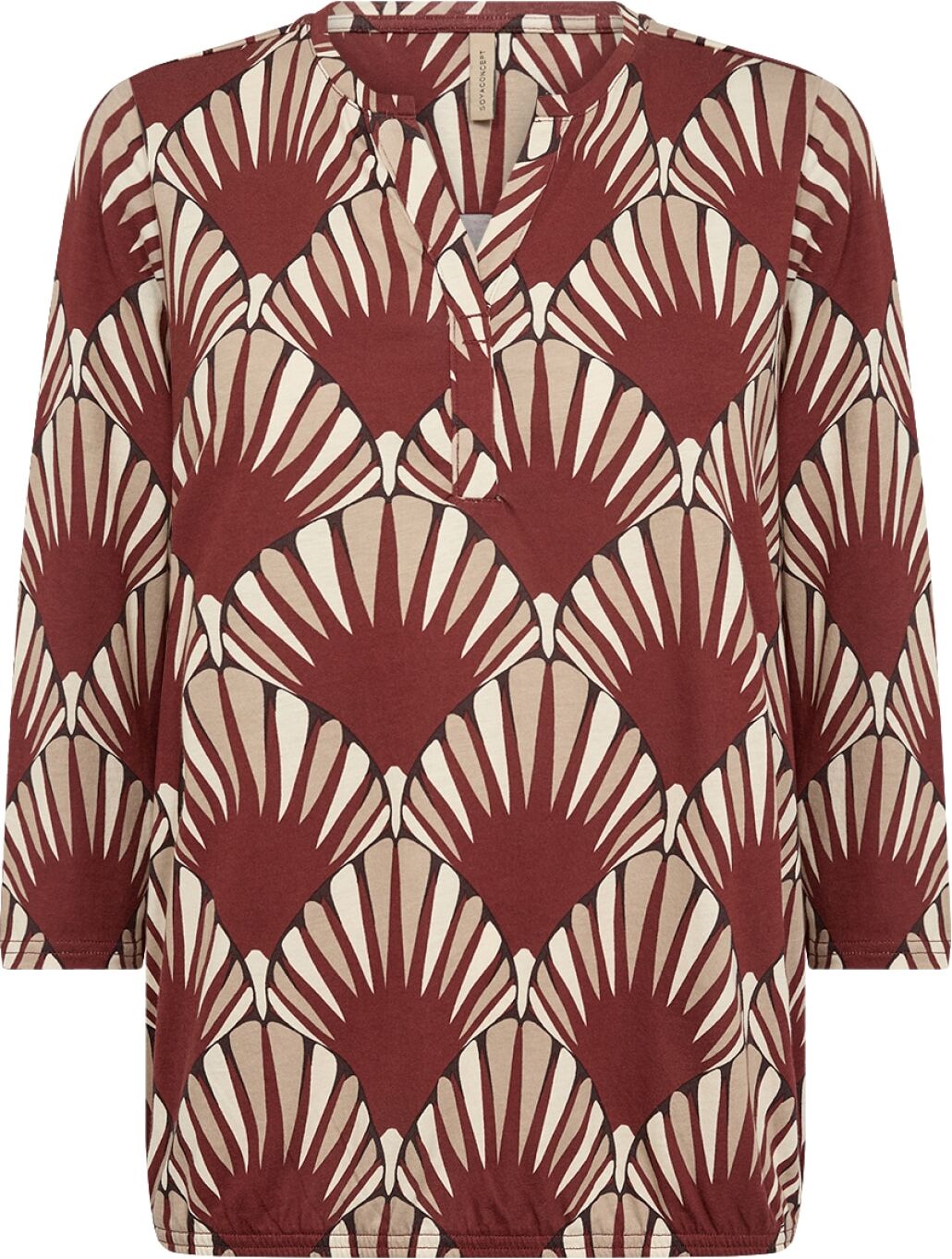 Shirtbluse SOYACONCEPT "SC-FELICITY AOP 555", Damen, Gr. S, braun (madder braun combi), Jersey, Obermaterial: 50% Baumwolle, 50% Viskose, gemustert, hüftlang, V-Ausschnitt, gerader Abschluss, Blusen Shirtbluse, Baumwollmischung madder braun combi S