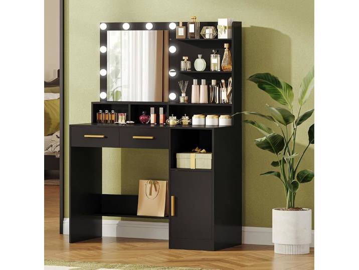 Coiffeuse avec miroir éclairée 10 LED réglables - table de maquillage noire 2 tiroirs 1 armoire 3 étagères 4 compartiments ouverts