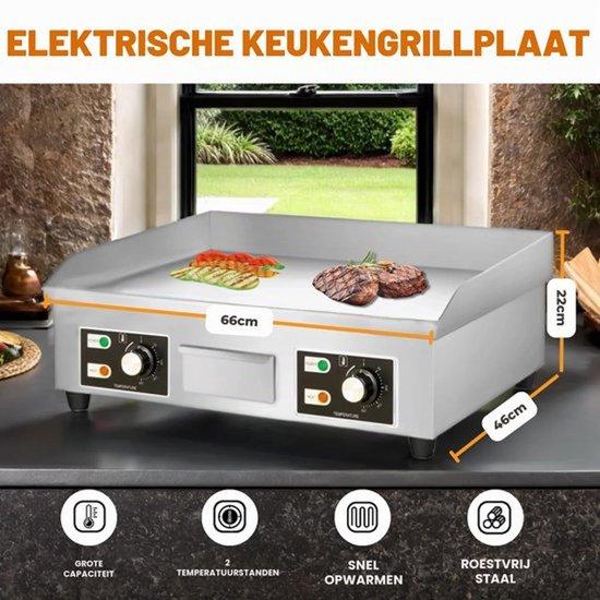 Elektrische Küchen-Backplatte. Professioneller Grill 66x44 cm. Edelstahl, Thermostat, Heizung bis 300°C. Mit Auffangbehälter für Öl. Geeignet für Fleisch, Fisch und Gemüse. 3500W