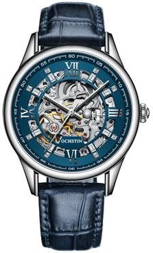 Everyday Crate OCHSTIN 6020D Mechanical Watch Genuine Leather Mens Skeleton Watch silver blue