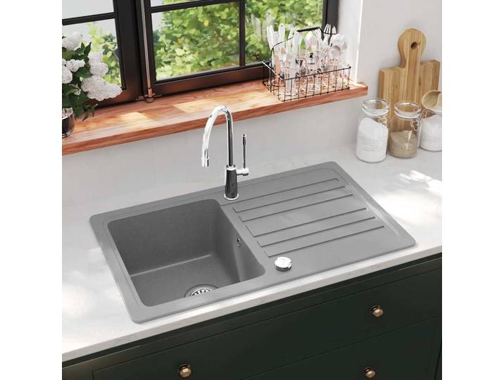 vidaXL Granitspüle mit Abtropffläche Reversibel Grau