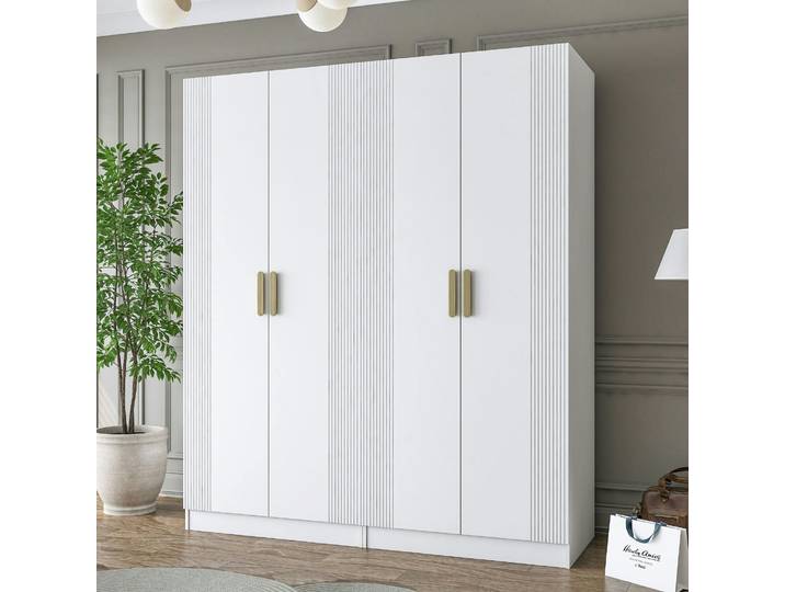 Armoire Penderie Blanche Rainurée 4 Portes 2 Tringles Byron