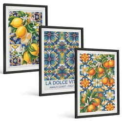 BILDER SET 3er Set - 40x60 cm Schwarzer Rahmen - Zitronen-Orangenblütenmuster