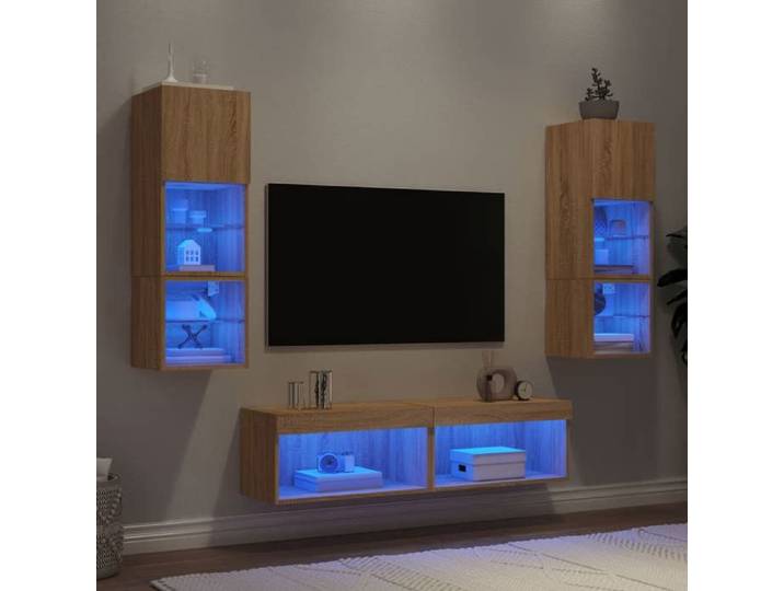 NEW 2026  LED Unités murales TV lot de 6 Meubles TV Moderne chêne sonoma bois d'ingénierie 30x28.5x30 cm L6980