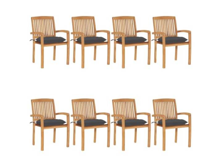 KUTYWEXFM Stapelbare Gartenstühle mit Kissen 8er Set Teak Massiv Bequeme Sitzgruppe für Terrasse und Esszimmer mit weichen anthrazitfarbenen Polstern und platzsparender Stapelfunktion.