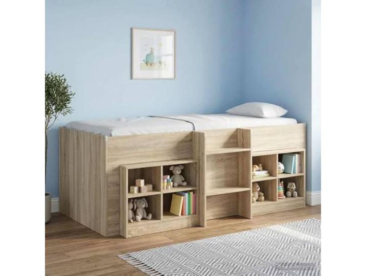 RJPLMFV Hochbett für Kinder, Sonoma-Eiche, 98,5 x 200 cm Holzwerkstoff, integrierte Leiter, Stauraum unten, TPE-Schutz, moderner Stil