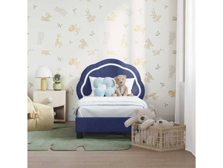 KTHLBRH Bettgestell für Kinder, 70 x 140 cm, mit blauem Kopfteil Technisches Holz, Samtbezug, modernes Design, Einzelbett