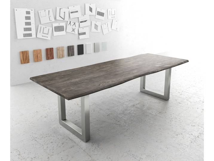 Esstisch Edge 260x100 Akazie Platin Edelstahl Breit Live-Edge, Esstische, Baumkantenmöbel, Massivholzmöbel, Massivholz