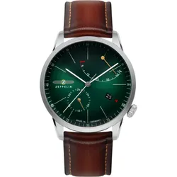 Zeppelin Herrenuhr 83664 - Dunkelgrünes Ziffernblatt mit weißen Zahlen/Indices,cognac,orangee Naht - 40mm