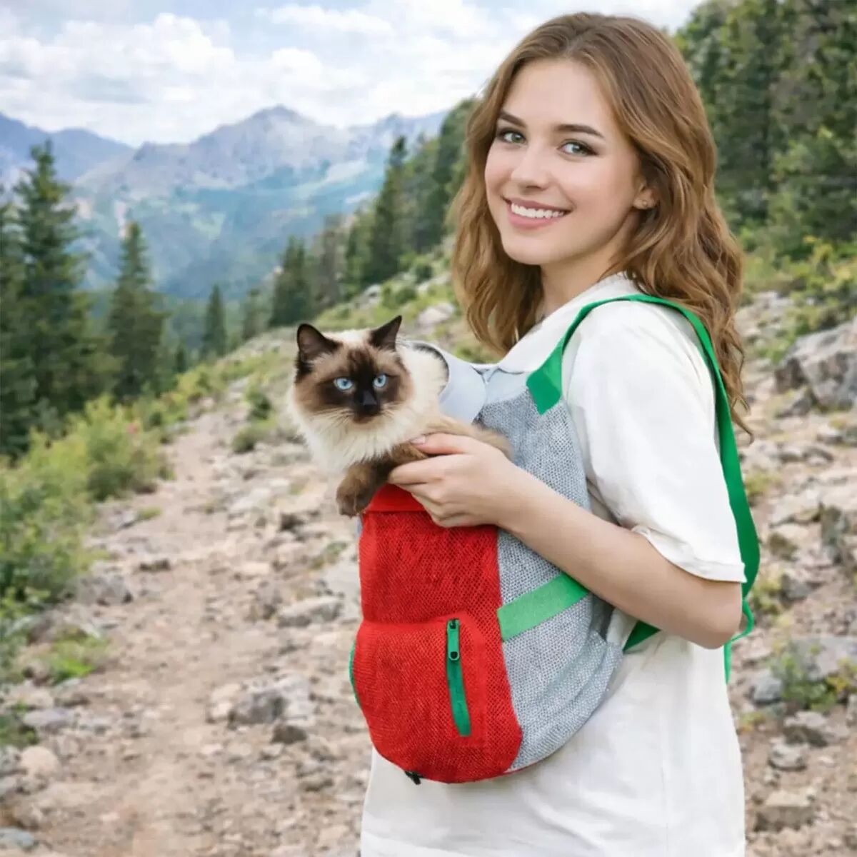 INF Sac à dos de transport ventral pour chat - Sac à dos portable rouge en polyester avec filet respirant et bretelles réglables S