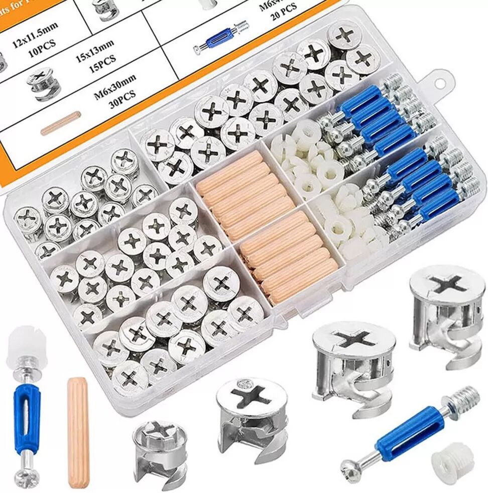 INF 120-teiliges 3-in-1 Möbelbeschlag-Set – Exzenter-Radbolzen, Dübel und vormontierte Muttern