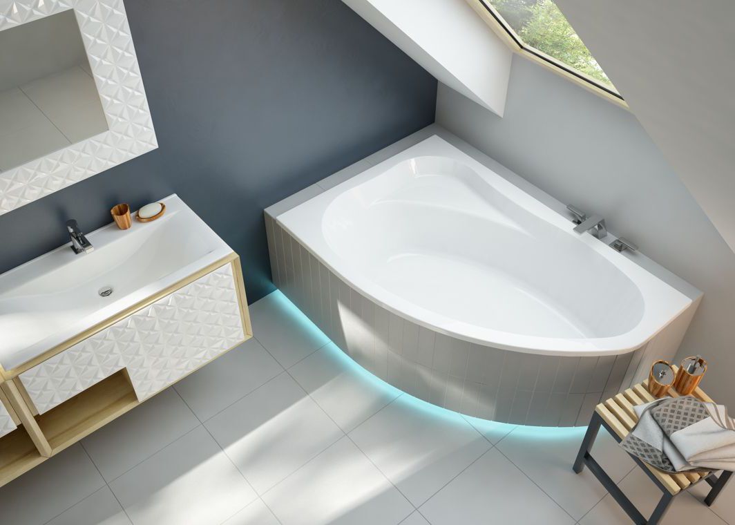 Badewanne Asymetrisch 90x140 cm mit Ablaufgarnitur und Füßen ohne Verkleidung , LINKE