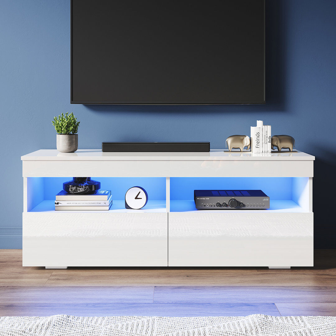 17 Stories High Gloss White 120cm TV Stand RGB LED Lights Soft Close Doors Easy Build Media Console for 50" TV White 50"