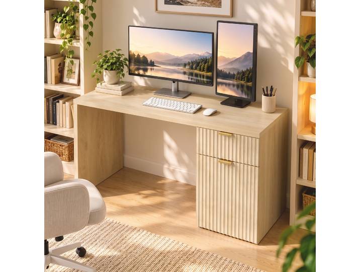 HOMCOM Bureau Réversible 120cm Chêne Tiroir Armoire Étagère