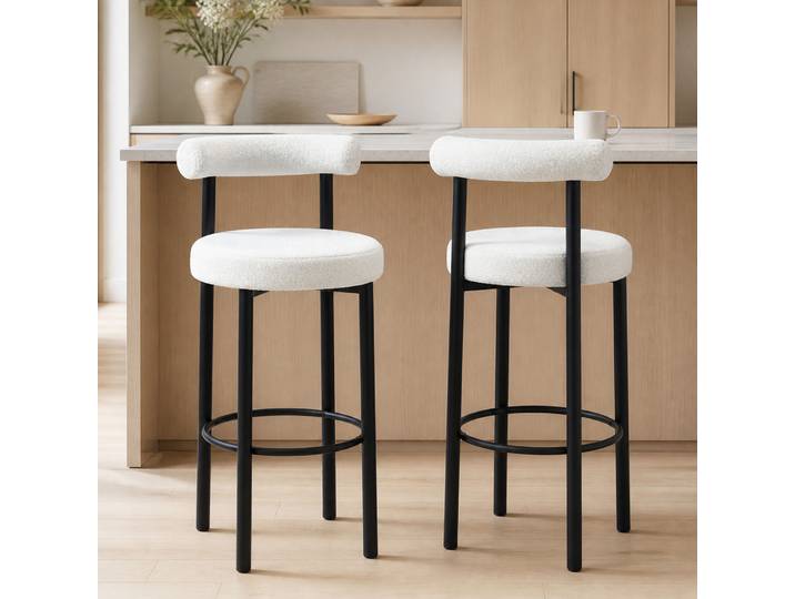 HOMCOM Lot 2 Tabourets Bar Tissu Bouclette Dossier Crème