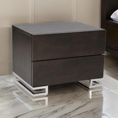 Benjara Sam 20 Inch Nightstand, 2 Drawers, Espresso Brown, High Polished Metal Legs