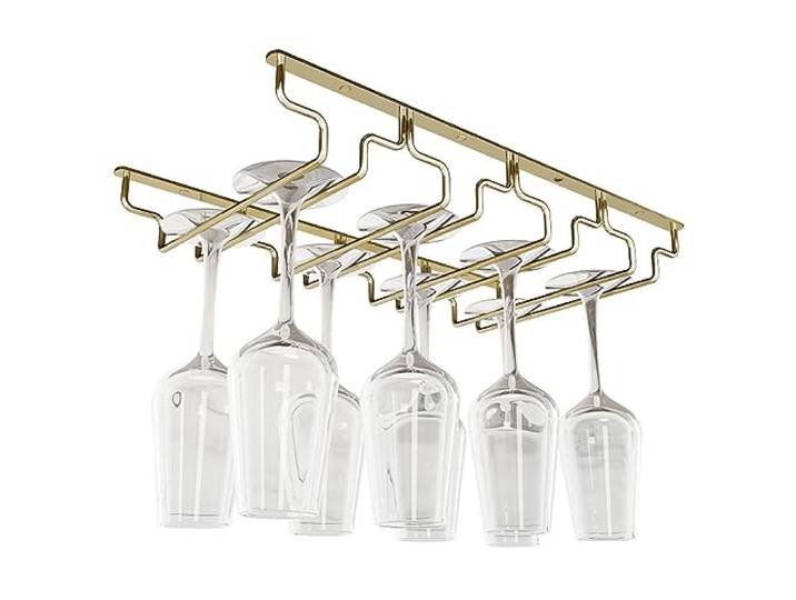 LigedamaiEU Goldenes Metall-Weinglasregal zur Wandmontage unter dem Schrank, Stielglashalter, kopfüber hängender Kelch-Aufbewahrungsorganisator for die Küche(68.5cmx22.5cm)