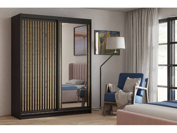 Masseno Schiebetürenschrank LINARI 160/205/60cm 2-türig mit Spiegel Schwarz