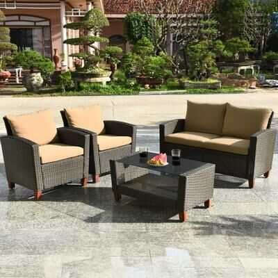Costway 4 Pieces Patio Rattan Furniture Set with Cushions