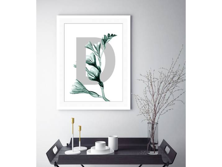 Bild QUEENCE D-Flower , grau (farbe rahmen: weiß, farbe bild(er): grau, dunkelgrün), B:30cm H:40cm, Acrylglas, Holz, Papier, Bilder, Bild, Blume, Blätter, gerahmt