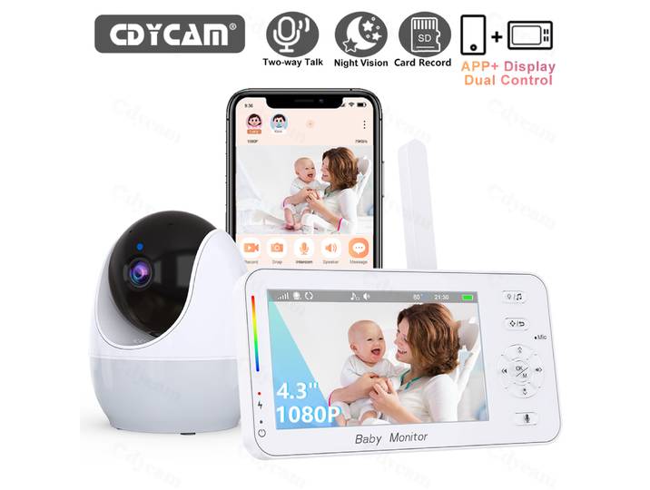 WiFi 1080P bébé moniteur 4.3 affichage + App double contrôle nounou Vision nocturne berceuses rappel d'alimentation veilleuse PTZ bébé caméra