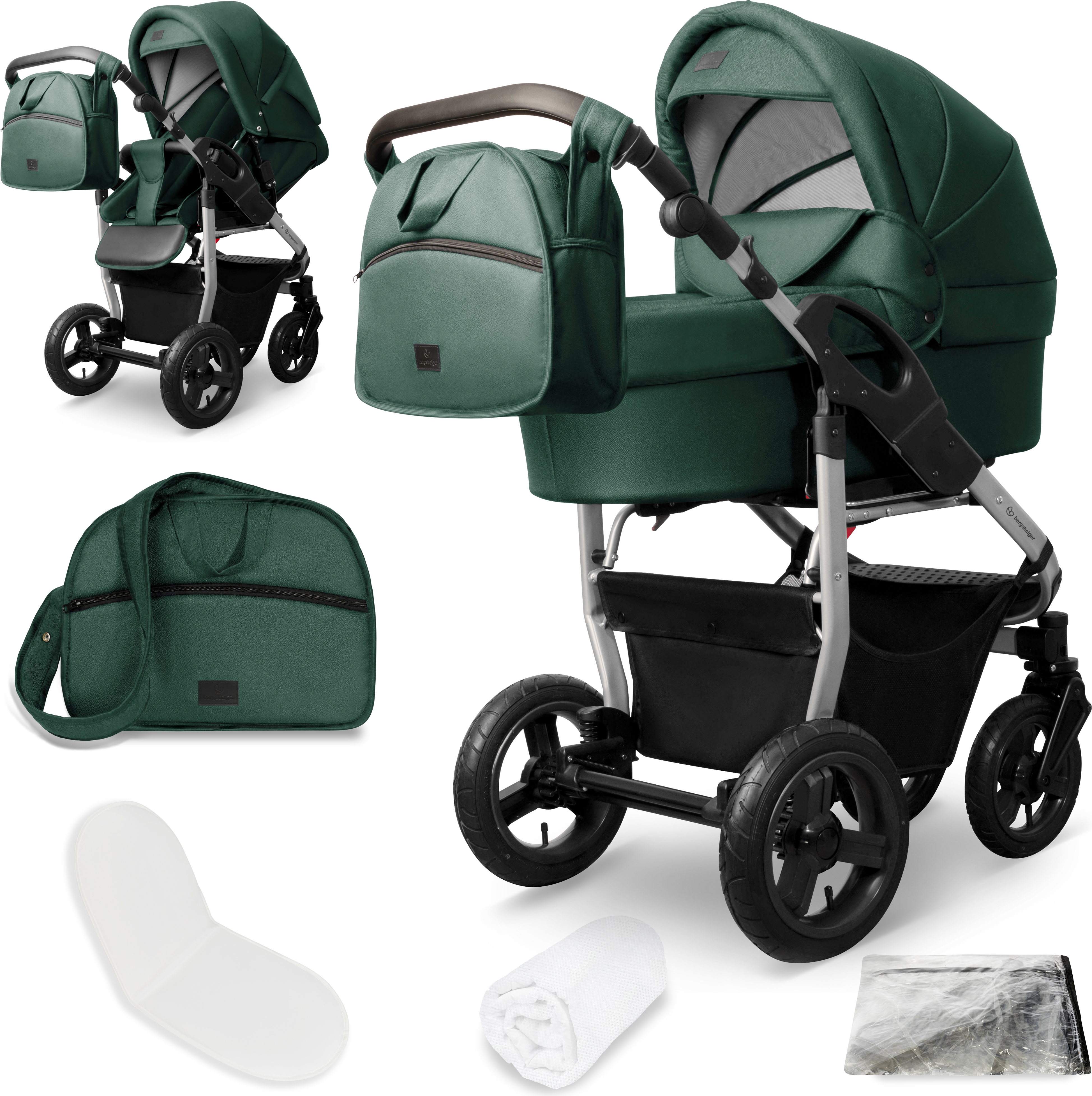 Bergsteiger Capri Kombikinderwagen 2-in-1 ohne Babyschale - Babywanne & Sportsitz, Luftreifen, Federung, höhenverstellbarer Griff, faltbar, Zubehör