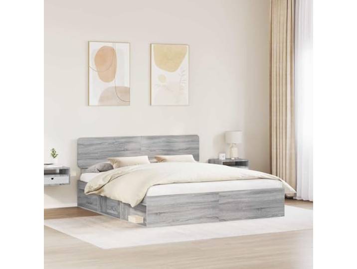 SKTQYQO Bettgestell grau Sonoma 200 x 200 cm Kiefer massiv Technisches Holz, feste Latten, Unterstützung 200 kg, einfache Reinigung, mit Kopfteil