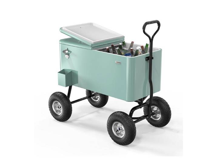 VINGLI Trolley-Kühlbox 76L Kühlwagen mit Rollen, Getränkekühler mit Flaschenöffner, mit Ablauf & Geländerädern, 92,5 x 52,5 x 90cm, Mintgrün