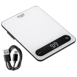 Adler AD 3177WB Küchenwaage Digital 10 kg, Elektronische Haushaltswaage mit Tara Funktion, USB-C aufladbar, Präzisionswaage zum Kochen und Backen, Glaswaage, Weiß