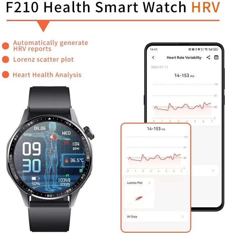 INF Smartwatch mit EKG, Herzfrequenzmesser, Blutdruckmessgerät und Schrittzähler Schwarzes Silikonarmband