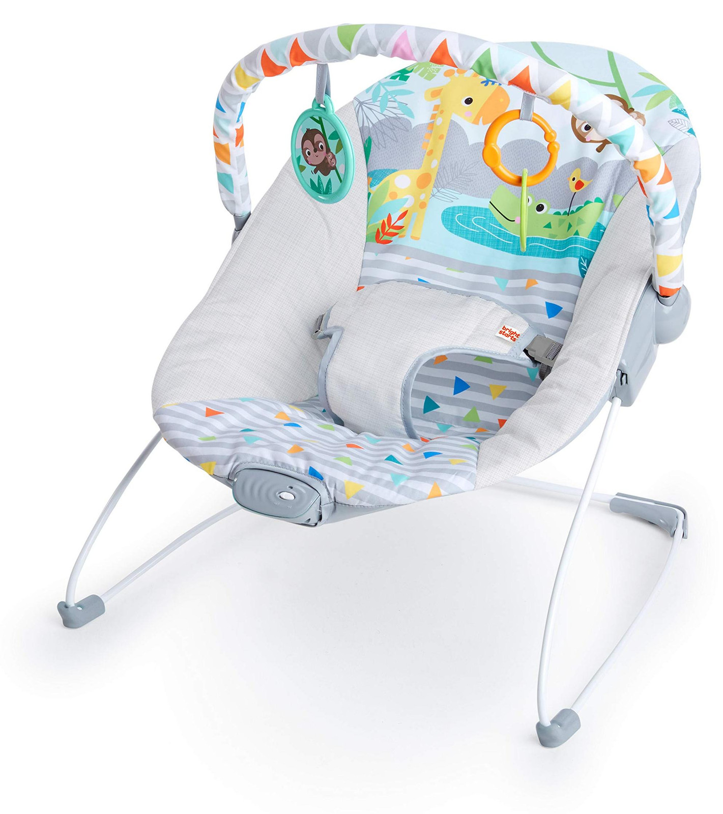 Bright Starts Baby bouncer Safari met verwijderbare ontwikkelingsspeeltjes, baby spiegel en kalmerende trillingen
