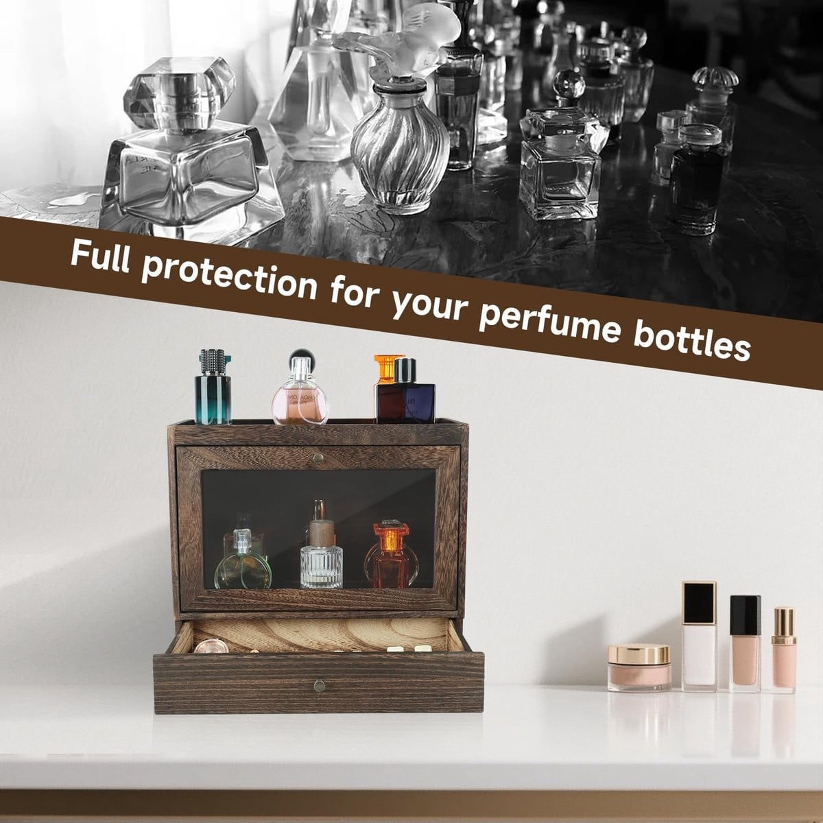 Omgoods Houten Parfum Organizer met Acrylaat en Lade