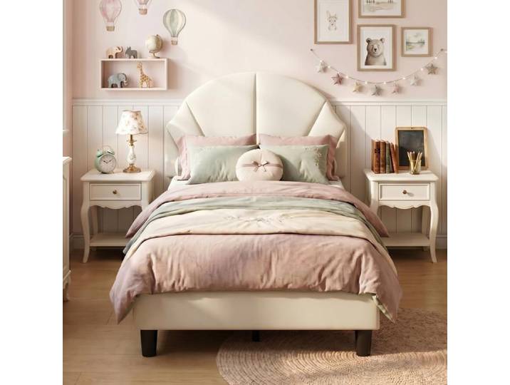 Lit enfant fille 90x190 cm Tête de lit coquillage Lit princesse fille Lit simple enfant Velours Beige