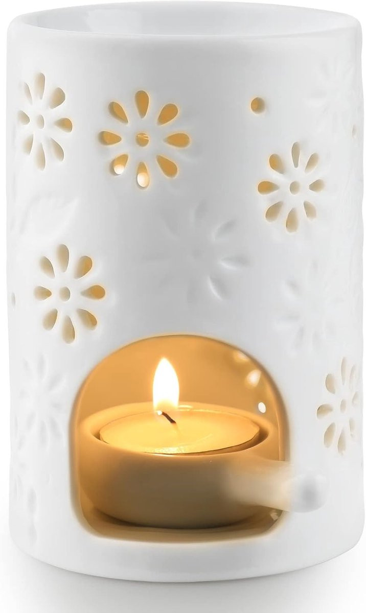 Wit keramische aromalamp met theelichthouder en lepel voor geurverspreiding
