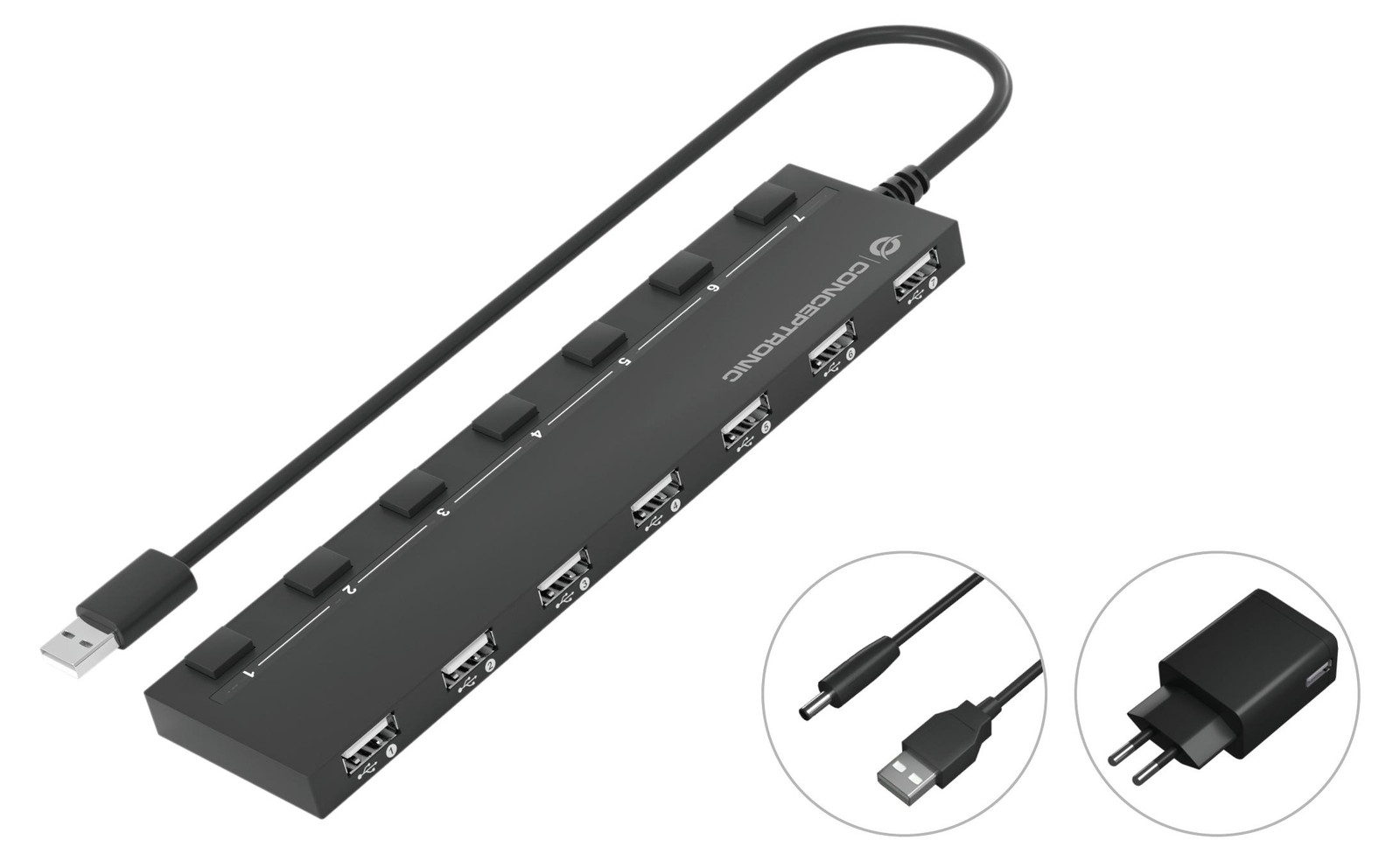 Conceptronic USB-Hub 7-Port 2.0 met extra voedingsadapter, zwart