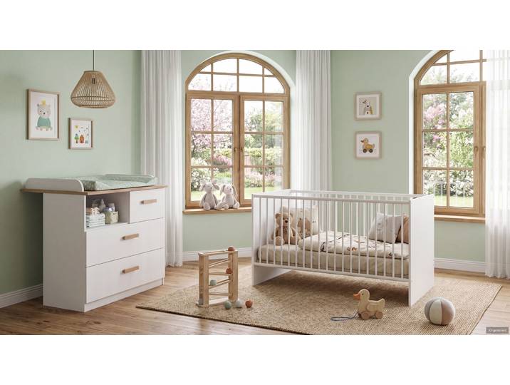 Babyzimmer-Set Kinderzimmer Babybett 70x140 cm, Wickelkommode, Weiß & Eiche Dekor / 22811
