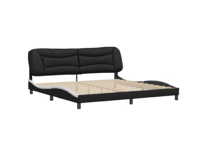 KTHLBRH Bettgestell Hvar Kunstleder schwarz und weiß 200 x 200 cm Mit gepolstertem Kopfteil, gewelltes Design, Sperrholzlatten, leicht zu reinigen